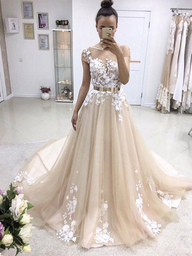 BohoProm Wedding Dresses A-line Illusion Chapel Train Tulle Appliqued Wedding Dresses SWD019