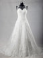 A-line Illusion Chapel Train Tulle Lace Ivory Wedding Dresses With Beadings ASD26969
