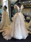 A-line Illusion Sweep Train Organza Appliqued Beaded Wedding Dresses SWD015
