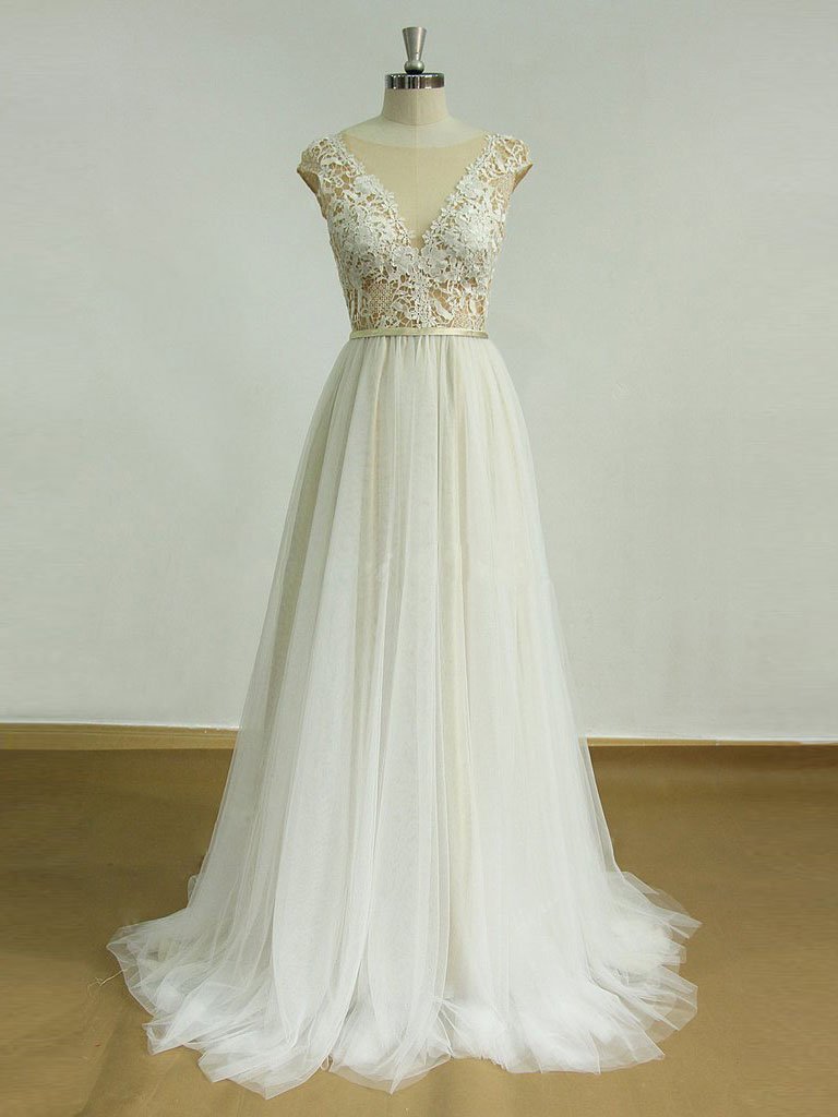 BohoProm Wedding Dresses A-line Illusion Sweep Train Tulle Lace Wedding Dresses SWD022
