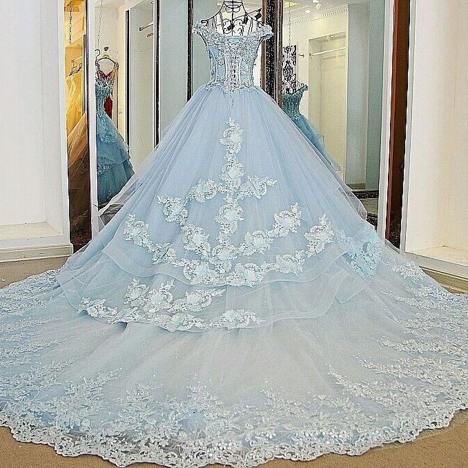 BohoProm Wedding Dresses A-line Off-Shoulder Cathedral Train Tulle Appliqued Long Elegant Wedding Dresses 2818