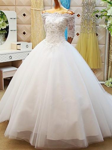 BohoProm Wedding Dresses A-line Off-Shoulder Cathedral Train Tulle Beaded Lace Wedding Dresses ASD2628