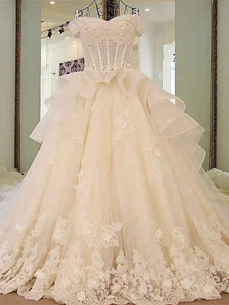 BohoProm Wedding Dresses A-line Off-Shoulder Cathedral Train Tulle Rhine Stone Lace Wedding Dresses ASD2630