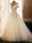 A-line Off-Shoulder Chapel Train Tulle Appliqued Beaded Rhine Stone Wedding Dresses SWD032
