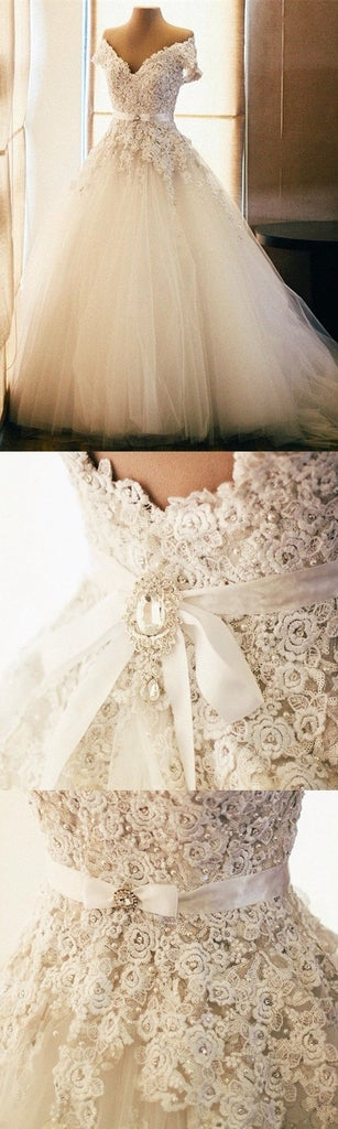 BohoProm Wedding Dresses A-line Off-Shoulder Chapel Train Tulle Appliqued Beaded Rhine Stone Wedding Dresses SWD032