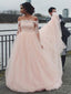 A-line Off-Shoulder Chapel Train Tulle Pink Appliqued Wedding Dresses SWD025