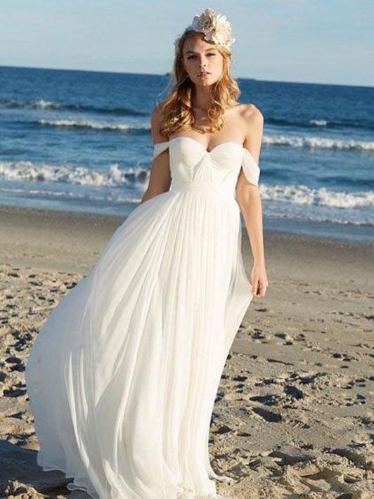 BohoProm Wedding Dresses A-line Off-Shoulder Floor-Length Chiffon Ivory Simple Wedding Dress APD2728