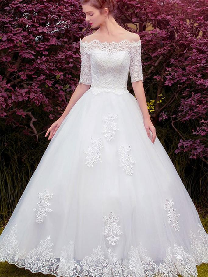 BohoProm Wedding Dresses A-line Off-Shoulder Floor-Length Tulle Lace Appliqued Wedding Dresses ASD27012