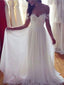 A-line Off-Shoulder Sweep Train Chiffon White Wedding Dresses With Appliques ABC00030
