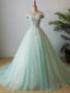 A-line Off-Shoulder Sweep Train Tulle Beaded Prom Dresses With Flowers ASD26746
