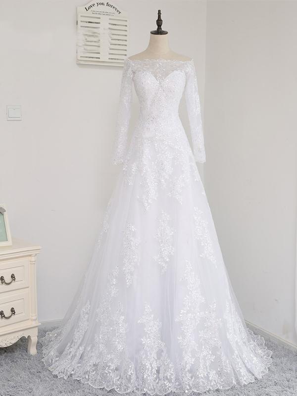 BohoProm Wedding Dresses A-line Off-Shoulder Sweep Train Tulle Lace White Wedding Dresses With Sequins ASD26966