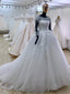 A-line Scoop-Neck Chapel Train Tulle Appliqued Beaded Long White Wedding Dresses APD2672