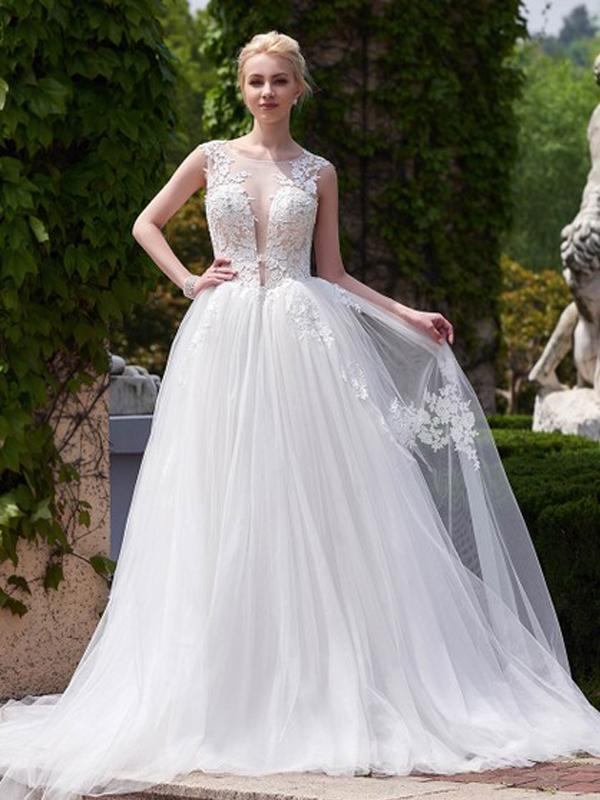 BohoProm Wedding Dresses A-line Scoop-Neck Chapel Train Tulle Lace Ivory Wedding Dresses ASD26962