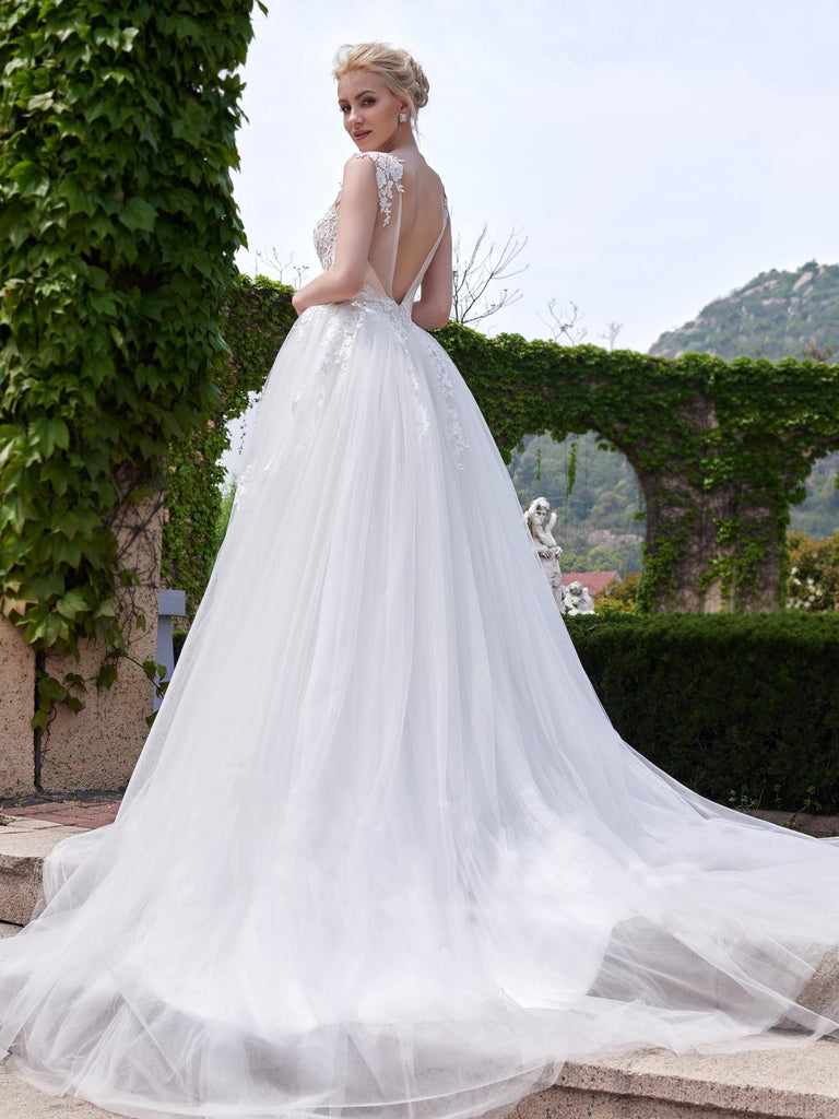 BohoProm Wedding Dresses A-line Scoop-Neck Chapel Train Tulle Lace Ivory Wedding Dresses ASD26962