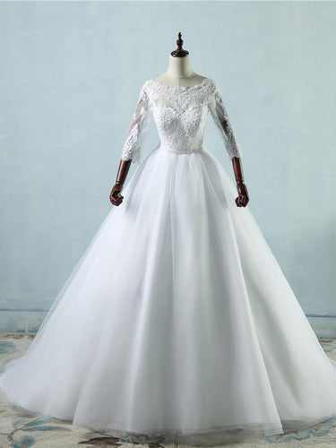 BohoProm Wedding Dresses A-line Scoop-Neck Chapel Train Tulle Lace White Wedding Dresses With Pearls ASD26964