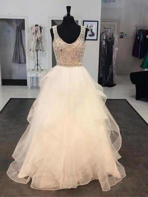 BohoProm Wedding Dresses A-line Scoop-Neck Sweep Train Organza Rhine Stone Wedding Dresses SWD027