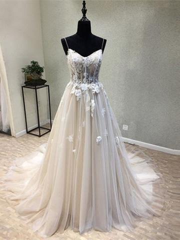 BohoProm Wedding Dresses A-line Spaghetti Strap Chapel Train Tulle Appliqued Wedding Dresses With Flowers SWD033