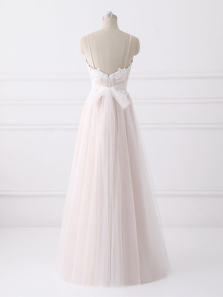 BohoProm Wedding Dresses A-line Spaghetti Strap Floor-Length Tulle Lace Wedding Dresses  SWD034