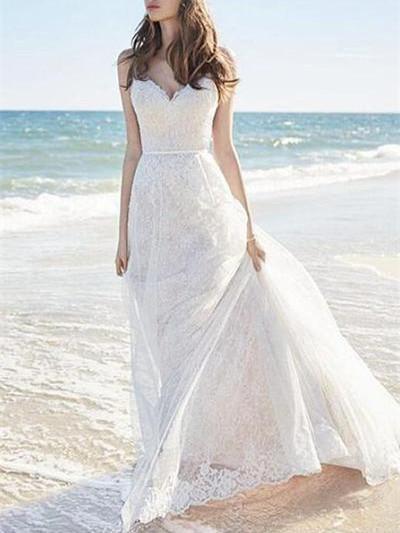 BohoProm Wedding Dresses A-line Spaghetti Strap Sweep Train Lace Simple Wedding Dresses HX00169