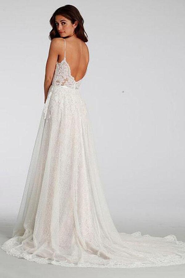 BohoProm Wedding Dresses A-line Spaghetti Strap Sweep Train Lace Simple Wedding Dresses HX00169