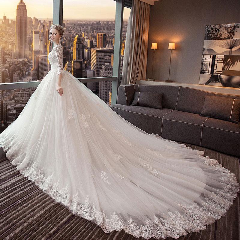 BohoProm Wedding Dresses A-line V-neck Cathedral Train Tulle Appliqued Long Wedding Dresses SWD044