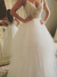 A-line V-neck Floor-Length Tulle Lace Long Ivory Wedding Dresses HX0053