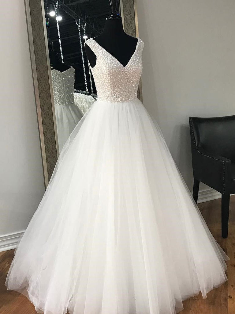 BohoProm Wedding Dresses A-line V-Neck Floor-Lentgh Tulle Beaded Wedding Dresses 2834