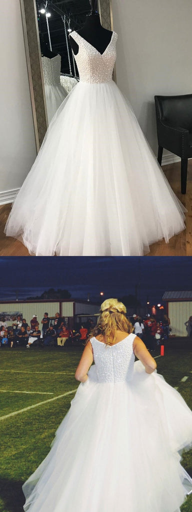 BohoProm Wedding Dresses A-line V-Neck Floor-Lentgh Tulle Beaded Wedding Dresses 2834