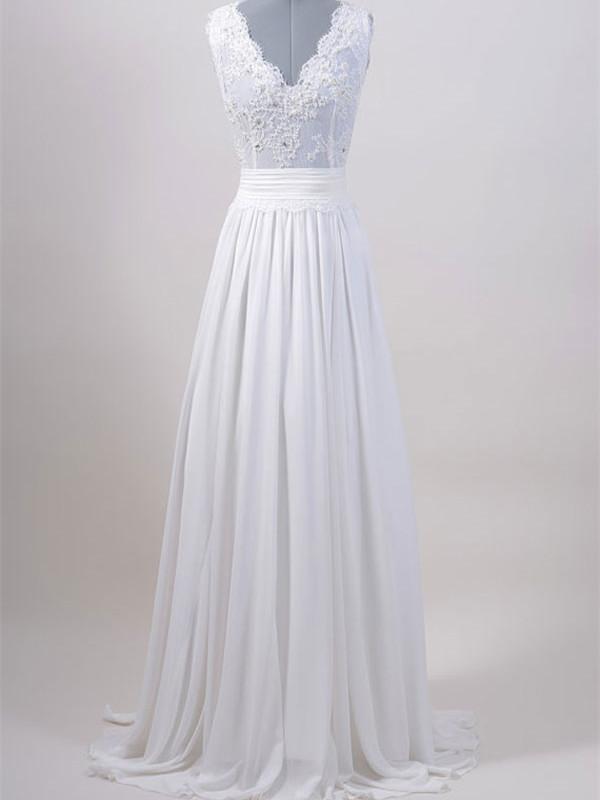 BohoProm Wedding Dresses A-line V-neck Sweep Train Chiffon Lace Beaded Wedding Dresses ABC00012