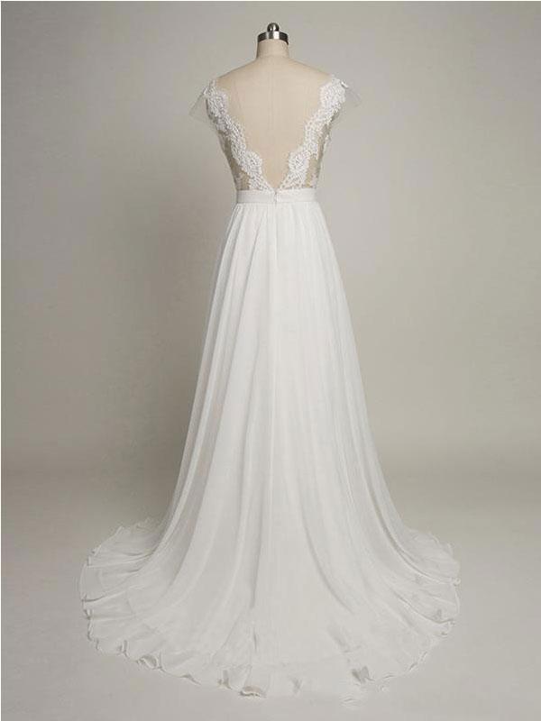 BohoProm Wedding Dresses A-line V-neck Sweep Train Chiffon Lace Ivory Wedding Dresses ABC00011