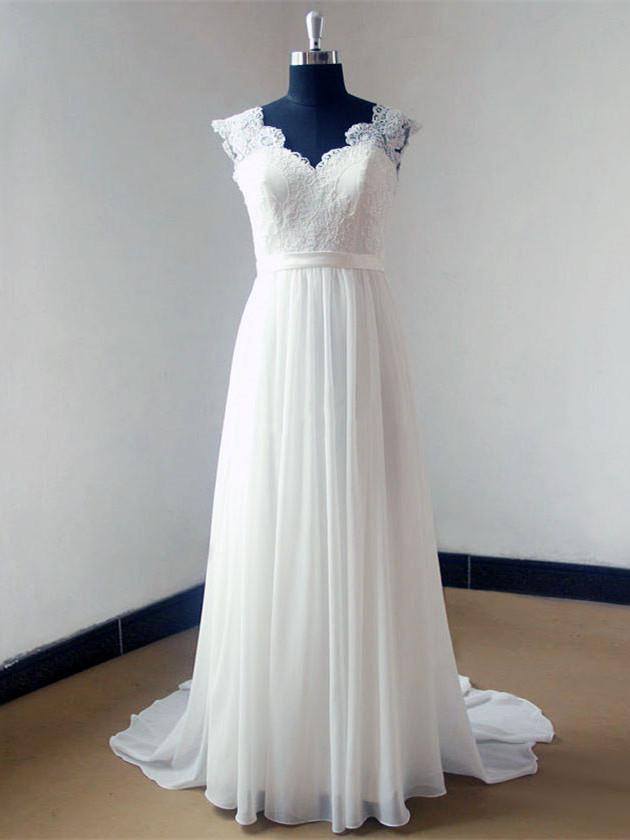 BohoProm Wedding Dresses A-line V-neck Sweep Train Chiffon Lace Simple Wedding Dresses ABC00014