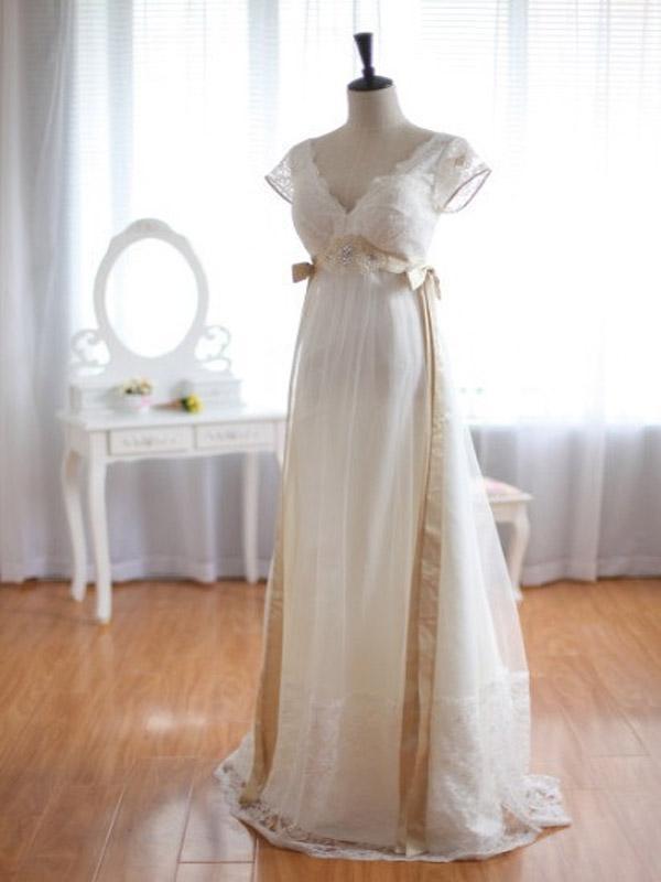BohoProm Wedding Dresses A-line V-neck Sweep Train Chiffon Lace Wedding Dresses ASD26764