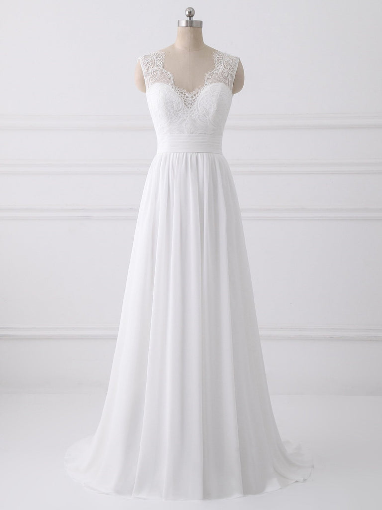 BohoProm Wedding Dresses A-line V-neck Sweep Train Chiffon Lace Wedding Dresses With Bows SWD035