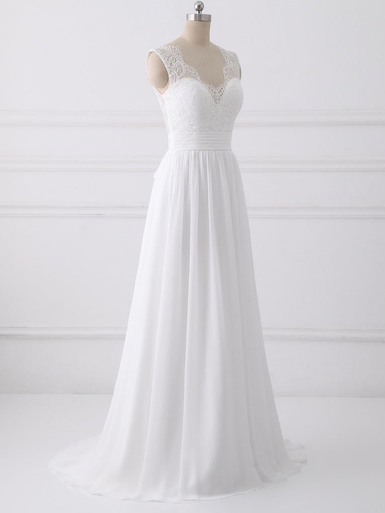 BohoProm Wedding Dresses A-line V-neck Sweep Train Chiffon Lace Wedding Dresses With Bows SWD035