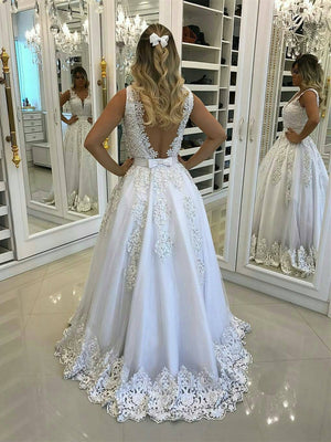 BohoProm Wedding Dresses A-line V-Neck Sweep Train Tulle Appliqued Beaded Wedding Dresses SWD009