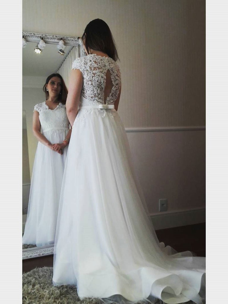BohoProm Wedding Dresses A-line V-Neck Sweep Train Tulle Appliqued Wedding Dresses SWD003