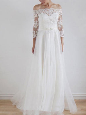 BohoProm Wedding Dresses Alluring Lace & Tulle Off-the-shoulder Neckline A-line Wedding Dresses With Belt WD102