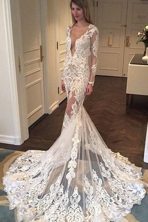 Romantic A-line Wedding Dresses With Long Sleeves Lace Bridal Gowns WD –  BohoProm