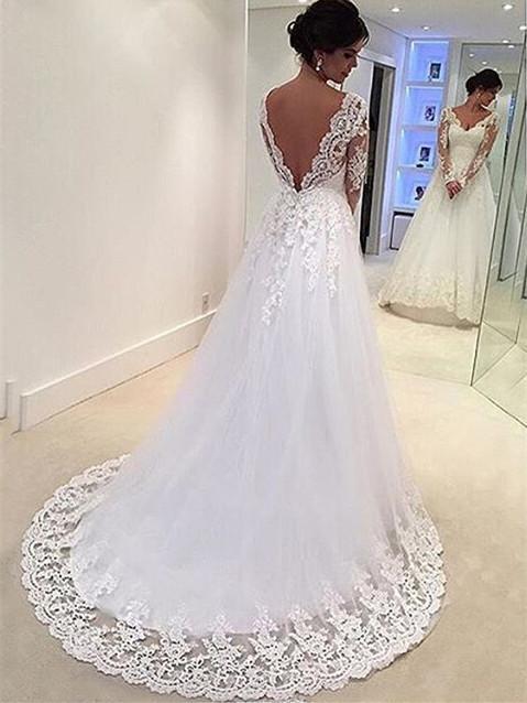 BohoProm Wedding Dresses Beautiful Tulle V-neck Neckline A-line Wedding Dresses With Appliques WD027