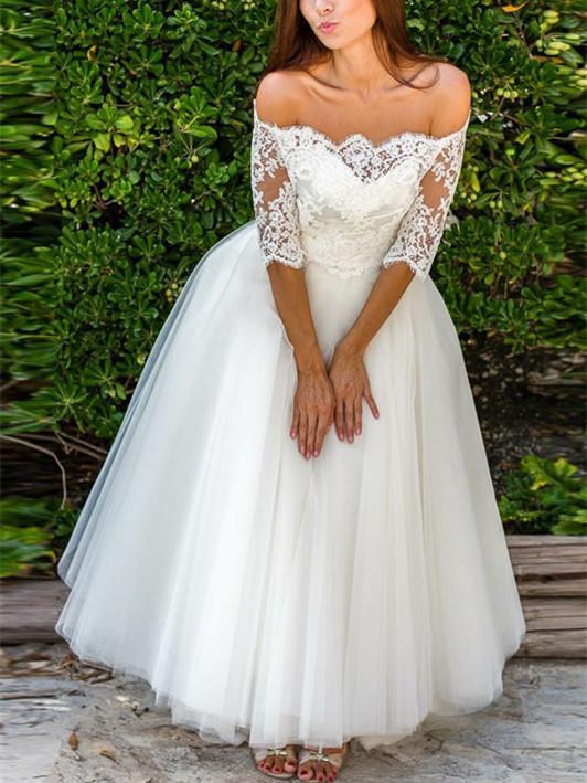 BohoProm Wedding Dresses Brilliant Tulle Off-the-shoulder Neckline Floor-length A-line Wedding Dresses WD083