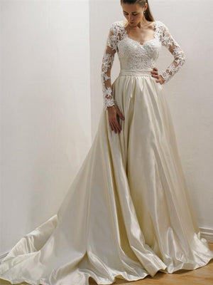 BohoProm Wedding Dresses Charming Satin V-neck Neckline A-line Wedding Dresses With Appliques WD035