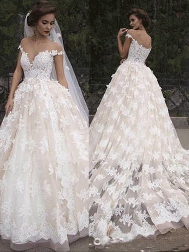 BohoProm Wedding Dresses Delicate Lace Off-the-shoulder Neckline Ball Gown Wedding Dresses With Appliques WD099