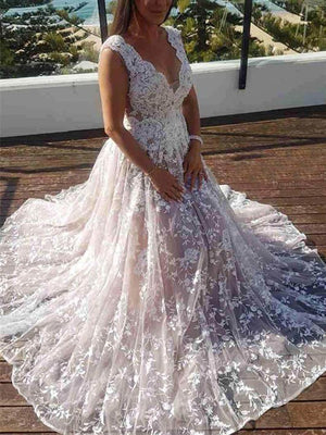 BohoProm Wedding Dresses Elegant Lace V-neck Neckline Chapel Train A-line Wedding Dresses With Appliques WD020