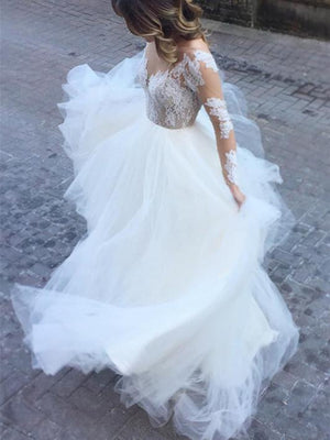 BohoProm Wedding Dresses Excellent Tulle Bateau Neckline Long Sleeves A-line Wedding Dresses WD084