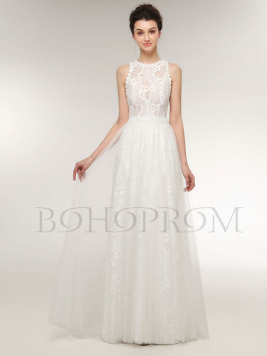 BohoProm Wedding Dresses Exquisite Lace Jewel Neckline Floor-length A-line Wedding Dresses WD118