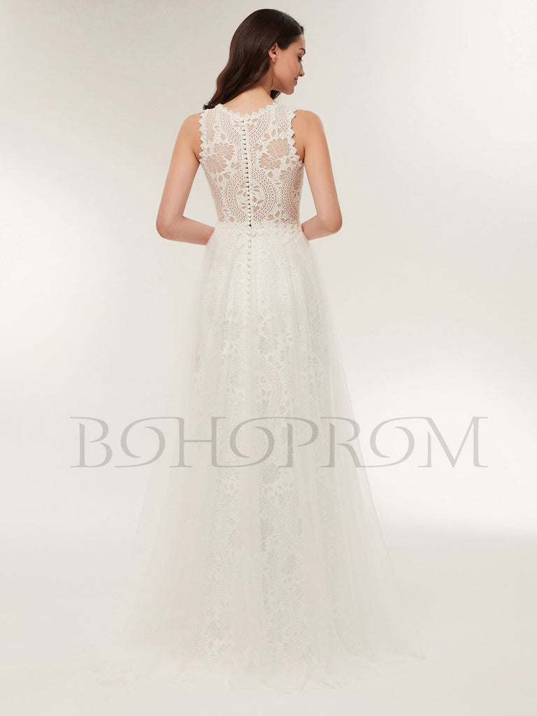 BohoProm Wedding Dresses Exquisite Lace Jewel Neckline Floor-length A-line Wedding Dresses WD118