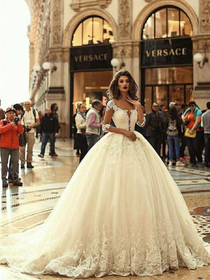 BohoProm Wedding Dresses Exquisite Tulle Bateau Neckline Ball Gown Wedding Dresses With Beaded Appliques WD082