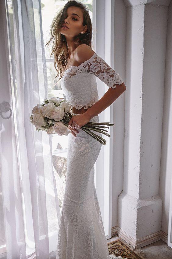 BohoProm Wedding Dresses Eye-catching Lace Off-the-shoulder Neckline 2 Pieces Mermaid Wedding Dresses WD152