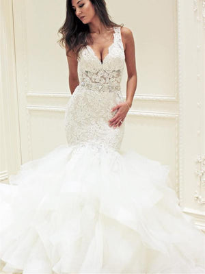 BohoProm Wedding Dresses Eye-catching Lace & Tulle V-neck Neckline Mermaid Wedding Dresses With Rhinestones WD072