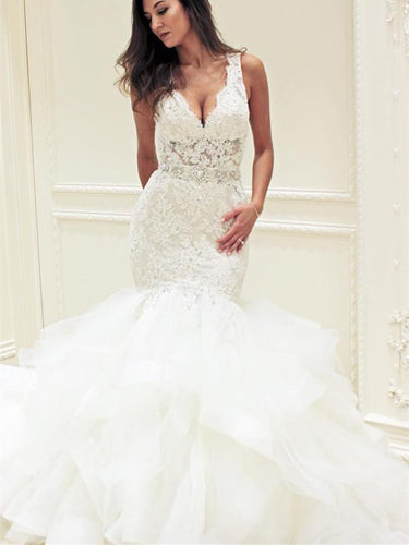 BohoProm Wedding Dresses Eye-catching Lace & Tulle V-neck Neckline Mermaid Wedding Dresses With Rhinestones WD072